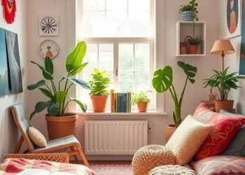 A cozy bohemian bedroom with vibrant textiles, plants, and a large window.