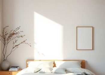 A minimalist Scandinavian bedroom featuring a wooden bed, soft bedding, and natural light.
