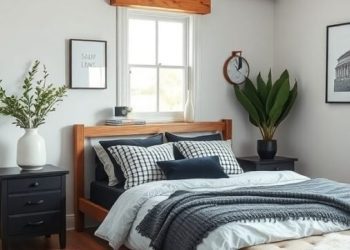 A rustic black and white bedroom featuring wooden beams, a cozy bed with black and white pillows, and natural light from a window.