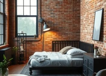 A stylish industrial chic bedroom featuring exposed brick walls, a cozy bed, and modern furniture.