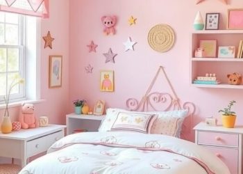 A pastel-themed bedroom with pink walls, floral bedding, and playful decor.