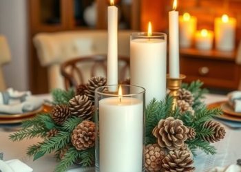 A rustic dining table centerpiece featuring pumpkins, pinecones, and candles.
