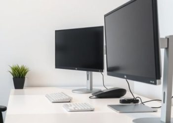 A clean home office setup featuring two monitors, a keyboard, mouse, and a small plant on a desk.