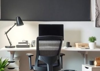 A modern home office setup featuring an ergonomic chair, a spacious desk, and decorative plants.