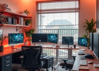 A modern tech-savvy home office with multiple monitors, LED lighting, and ergonomic chairs.