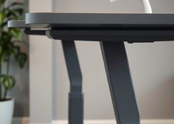 A modern adjustable height standing desk with a sleek design and a computer monitor on it.