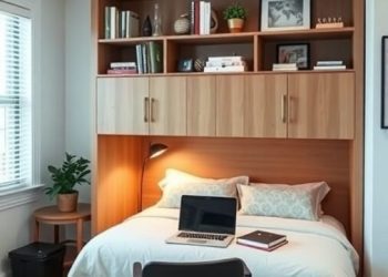 A home office featuring a Murphy bed, a desk with a laptop, and shelves with books and plants.