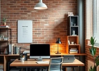 A stylish industrial chic home office featuring a wooden desk, modern chair, exposed brick wall, and plants.
