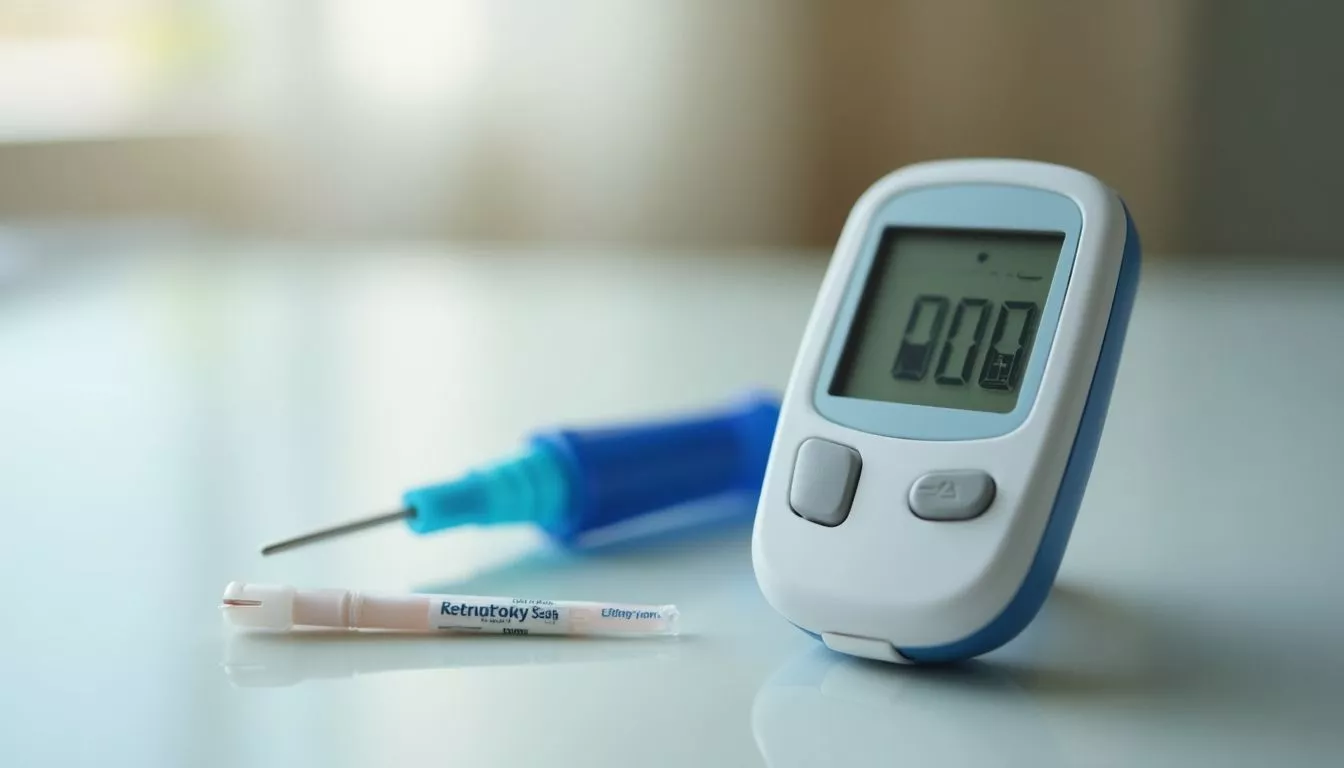 Glucose meter with test strips and lancet device.