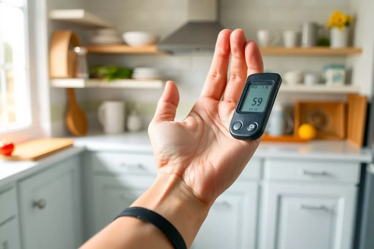 Hand holding a blood glucose meter for testing.