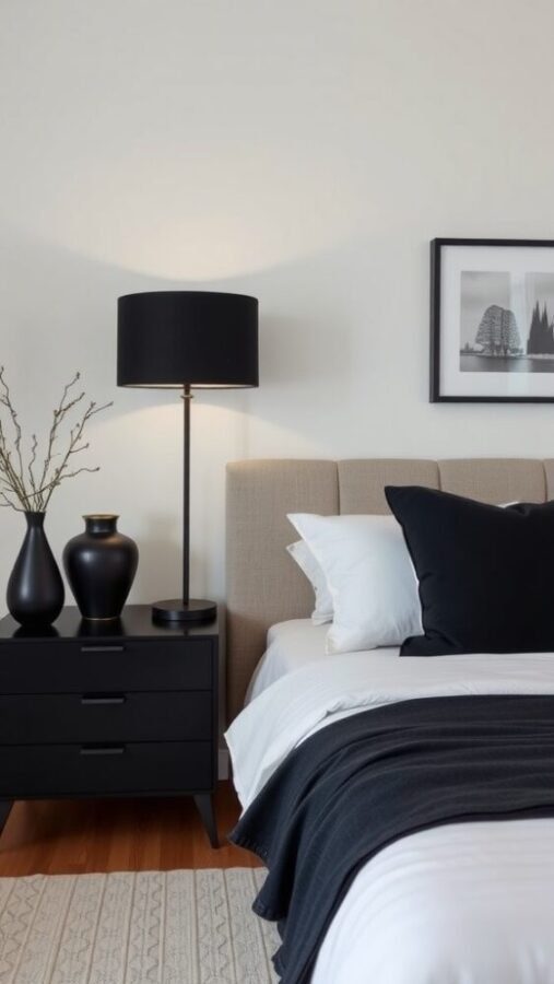 30 Stylish Black Bedroom Ideas 9 A cozy bedroom featuring a matte black bedside table, a black lamp, decorative black vases, and a warm wooden floor.