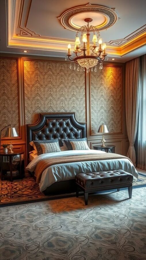 45 Inspiring Bedroom Ideas for Every Style 9 A stylish bedroom featuring Art Deco design with a tufted headboard, elegant chandelier, and warm lighting.