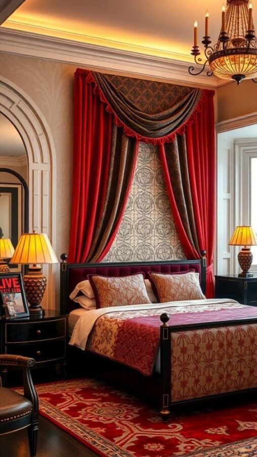 31 Stunning Curtain Ideas to Transform Your Bedroom 17 A beautifully decorated bedroom featuring Art Deco inspired drapes in red and patterned fabrics.