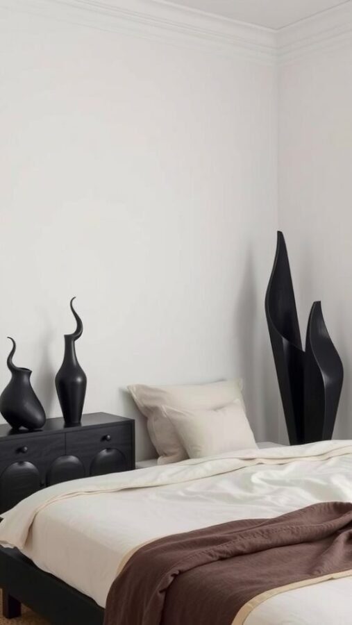 30 Stylish Black Bedroom Ideas 29 A modern bedroom with black sculptures on a dresser and a neatly made bed.