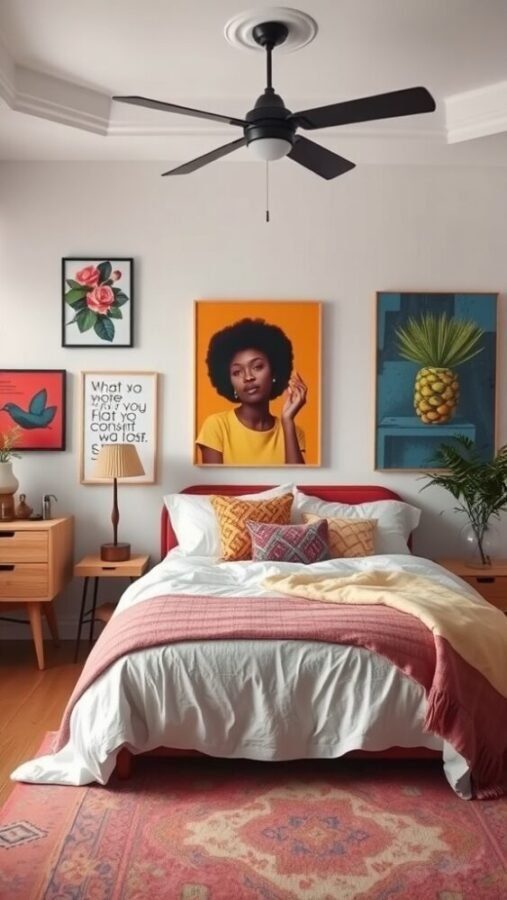 45 Inspiring Bedroom Ideas for Every Style 41 A vibrant bedroom with artistic wall decor, featuring a bold portrait, floral prints, and colorful bedding.