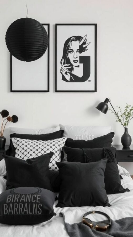 30 Stylish Black Bedroom Ideas 21 A stylish black-themed bedroom featuring pillows, artwork, and lighting.