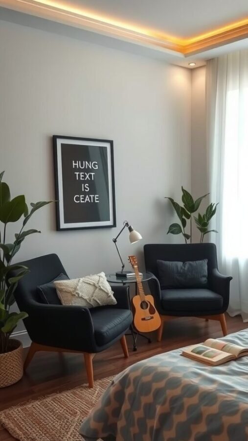 30 Stylish Black Bedroom Ideas 33 Cozy reading nook with black chairs, plants, and warm lighting