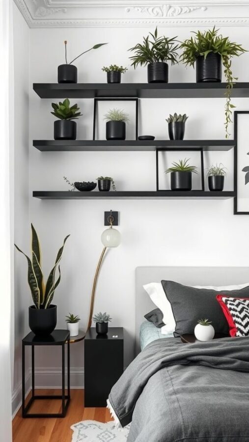 30 Stylish Black Bedroom Ideas 27 A modern bedroom featuring black-themed plant displays on wall-mounted shelves, with various pots and greenery.