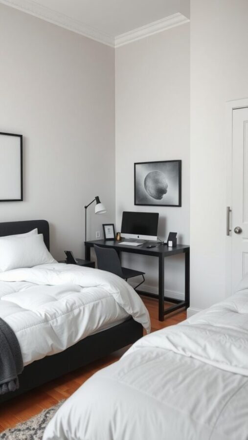 30 Stylish Black Bedroom Ideas 22 A black-themed workspace corner in a modern bedroom with a desk, lamp, and minimalist art.