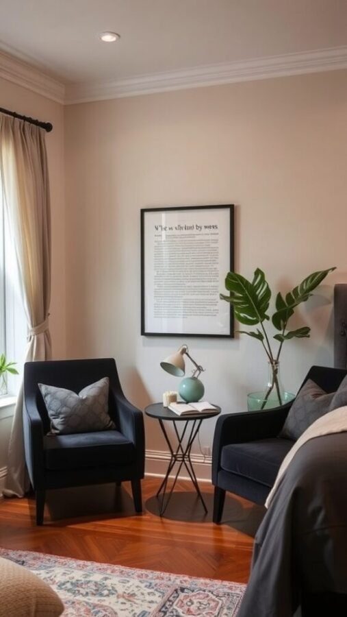 30 Stylish Black Bedroom Ideas 17 A cozy bedroom corner featuring two black accent chairs and a stylish side table.