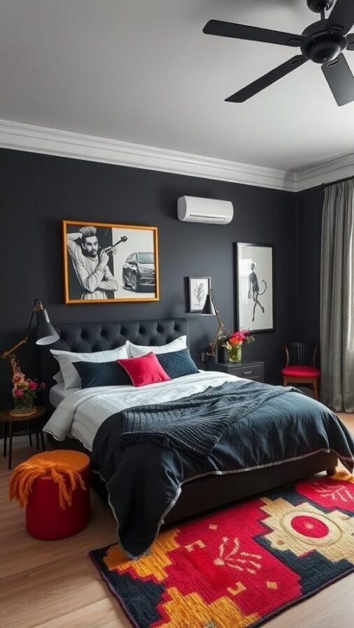 30 Stylish Black Bedroom Ideas 32 A stylish black bedroom with colorful accents featuring a black bed, vibrant pillows, and decorative artwork.
