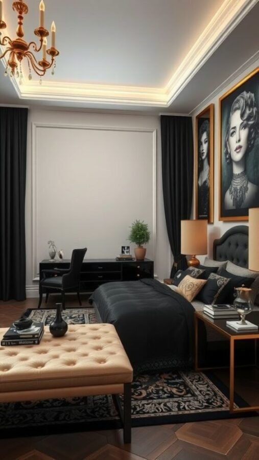 30 Stylish Black Bedroom Ideas 12 A stylish bedroom featuring black bedding, gold accents, and elegant decor.