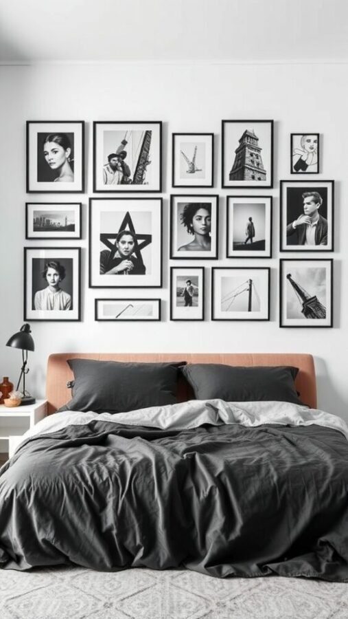 30 Stylish Black Bedroom Ideas 1 A stylish bedroom featuring a bed with dark bedding and a wall adorned with black and white photography in various frames.