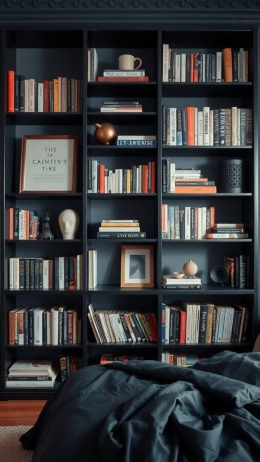 30 Stylish Black Bedroom Ideas 13 Black bookshelves filled with books and decorative items in a stylish bedroom setting.