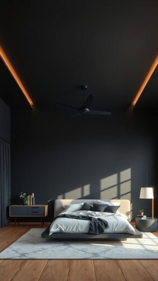 30 Stylish Black Bedroom Ideas 23 A modern bedroom featuring a black ceiling, warm lighting, and stylish furniture.