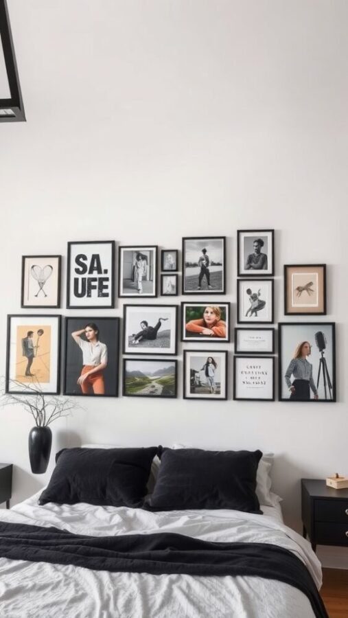 30 Stylish Black Bedroom Ideas 31 A black framed gallery wall with various photos and illustrations above a stylish bed.