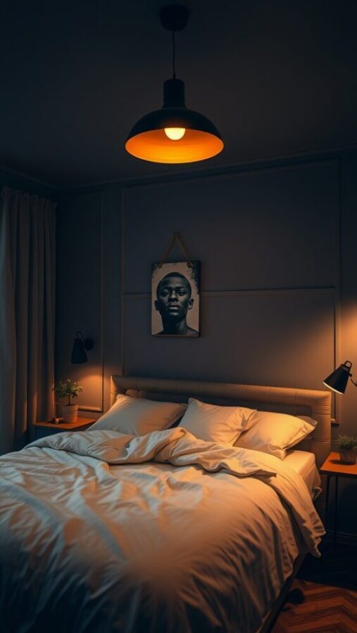 30 Stylish Black Bedroom Ideas 25 Cozy bedroom with black lighting and warm tones, featuring a pendant light and wall sconces.