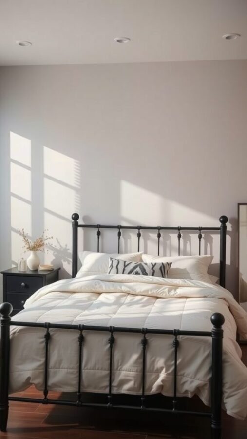 30 Stylish Black Bedroom Ideas 8 A cozy bedroom featuring a black metal bed frame with soft bedding and natural light.