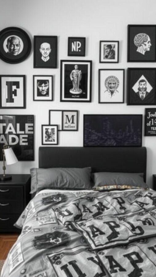 30 Stylish Black Bedroom Ideas 14 A stylish bedroom with black wall art featuring various framed pieces, a gray bedding set, and a sleek nightstand.