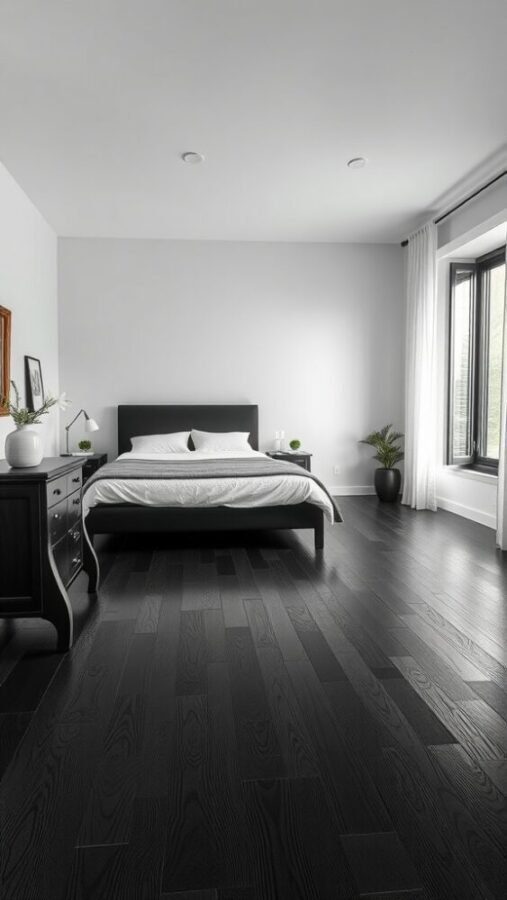 30 Stylish Black Bedroom Ideas 18 A modern bedroom featuring black wood flooring, light walls, and minimalistic decor.