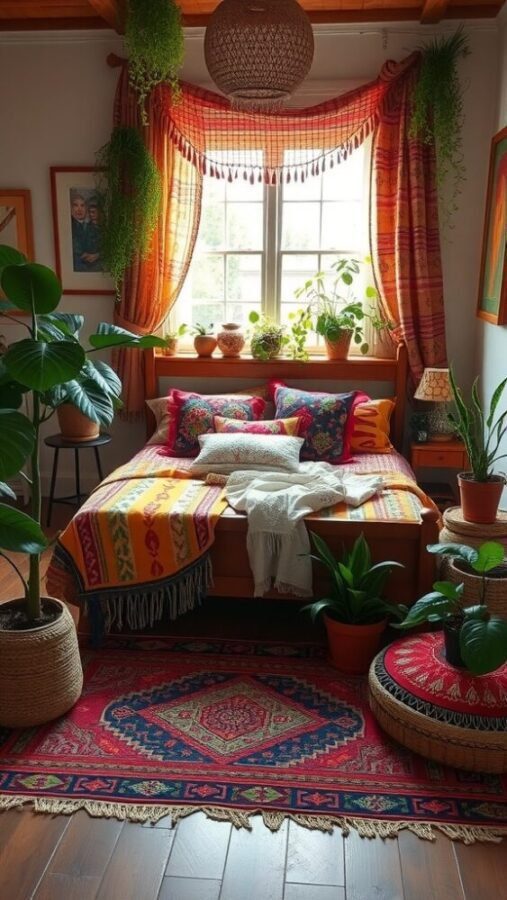 45 Inspiring Bedroom Ideas for Every Style 7 A cozy bohemian chic bedroom with colorful bedding, plants, and warm lighting.
