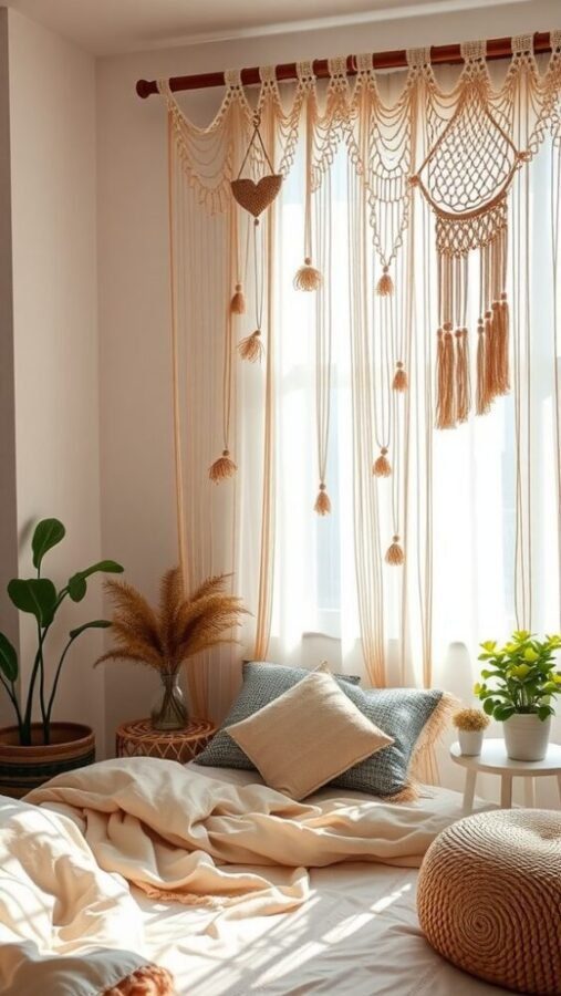 31 Stunning Curtain Ideas to Transform Your Bedroom 6 A cozy bedroom with bohemian macrame curtain hangings, cushions, plants, and soft bedding.