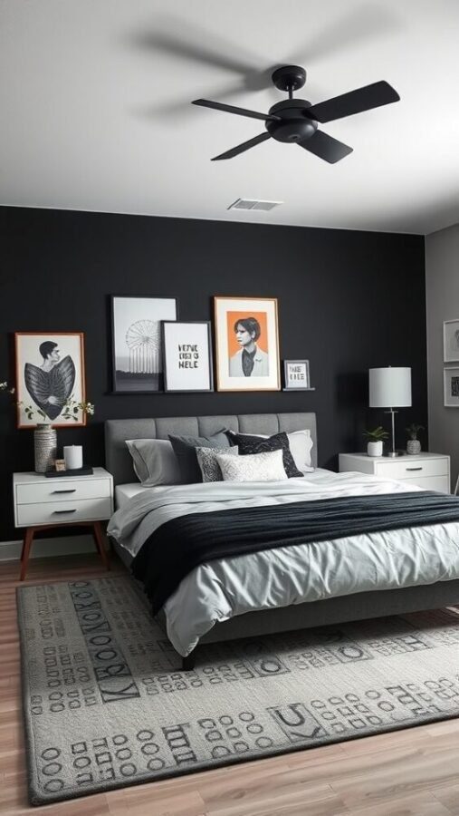 30 Stylish Black Bedroom Ideas 7 A modern bedroom featuring a bold black accent wall, gray bed, and stylish artwork.