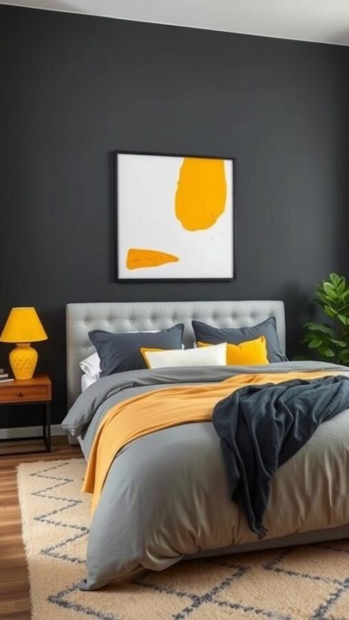 A stylish bedroom featuring a charcoal gray wall and bright yellow accents in decor and bedding.