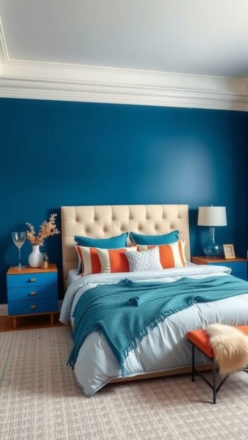 A bedroom with bold blue walls, a light bed frame, colorful pillows, and matching nightstands.