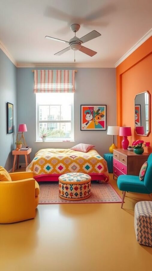 45 Inspiring Bedroom Ideas for Every Style 18 A vibrant bedroom with blue and orange walls, colorful bedding, and bold furniture.
