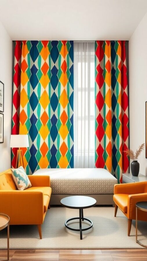 31 Stunning Curtain Ideas to Transform Your Bedroom 7 A bedroom with bold geometric patterned curtains in bright colors, featuring orange armchairs and a simple bed.