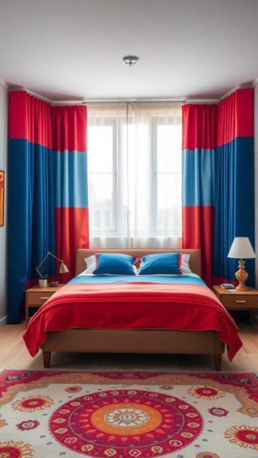 31 Stunning Curtain Ideas to Transform Your Bedroom 15 A colorful bedroom featuring bold red and blue curtains, a cozy bed, and a decorative rug.