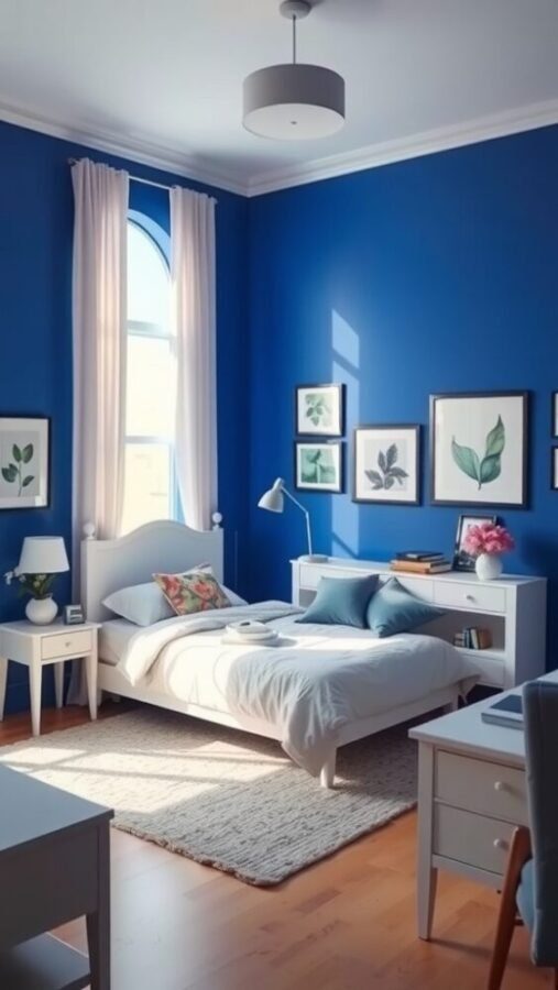 A bright cobalt blue bedroom with white furniture and botanical prints.