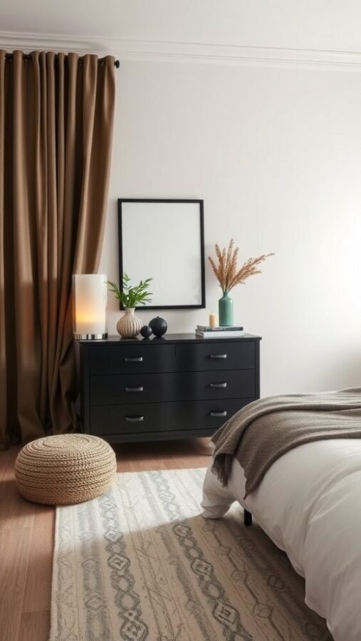 30 Stylish Black Bedroom Ideas 10 A chic black dresser in a modern bedroom with warm tones and decorative accents
