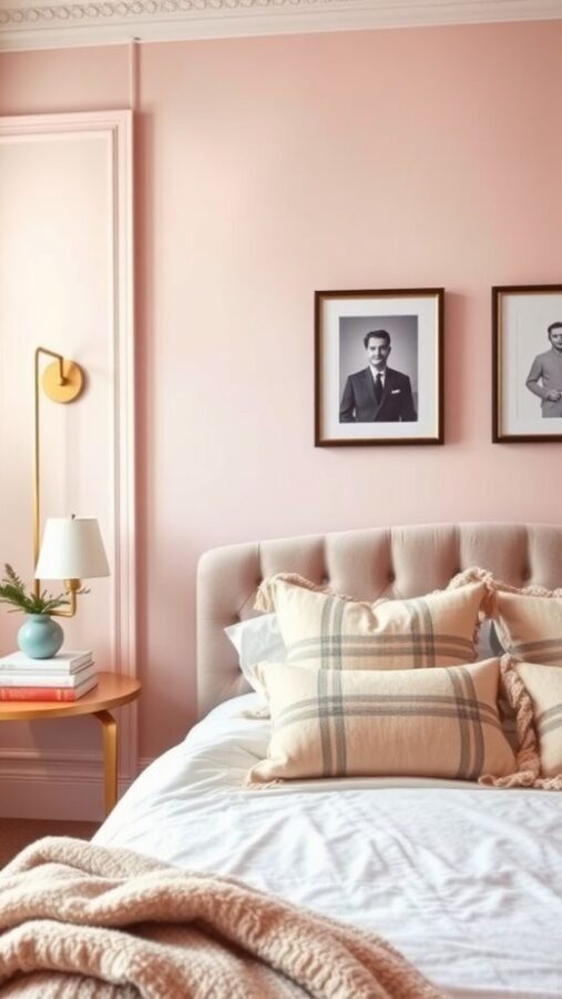 A stylish bedroom featuring blush pink walls, a tufted headboard, patterned pillows, and classic black-and-white photos.
