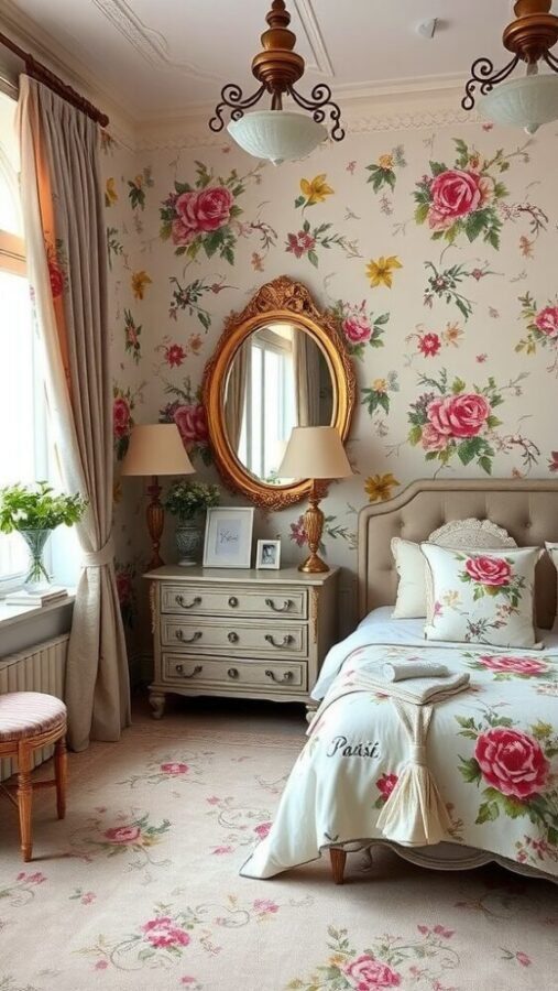45 Inspiring Bedroom Ideas for Every Style 37 A chic bedroom designed with floral wallpaper, vintage furniture, and soft textures.