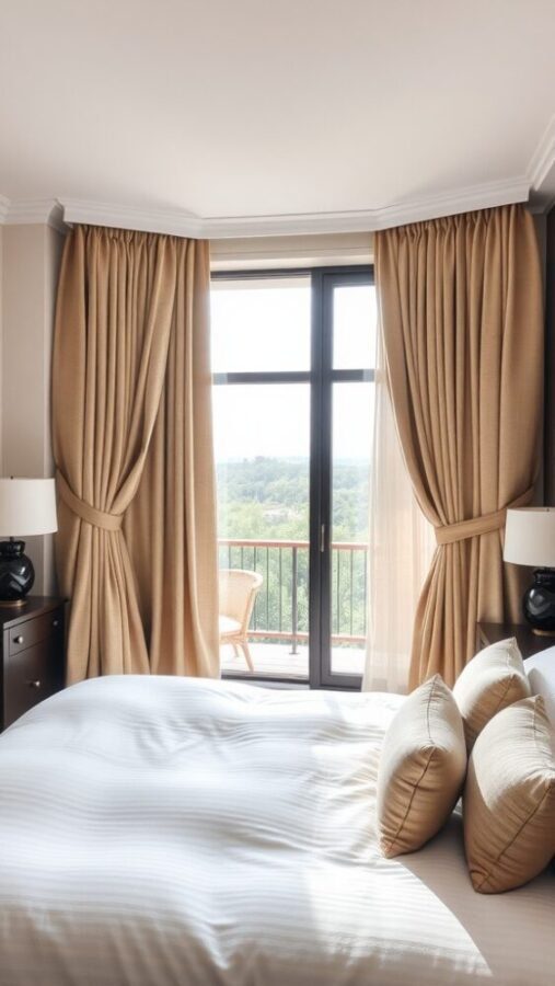 31 Stunning Curtain Ideas to Transform Your Bedroom 22 A stylish bedroom with tie-back curtains framing a window, showcasing soft beige fabric and a comfortable bed.