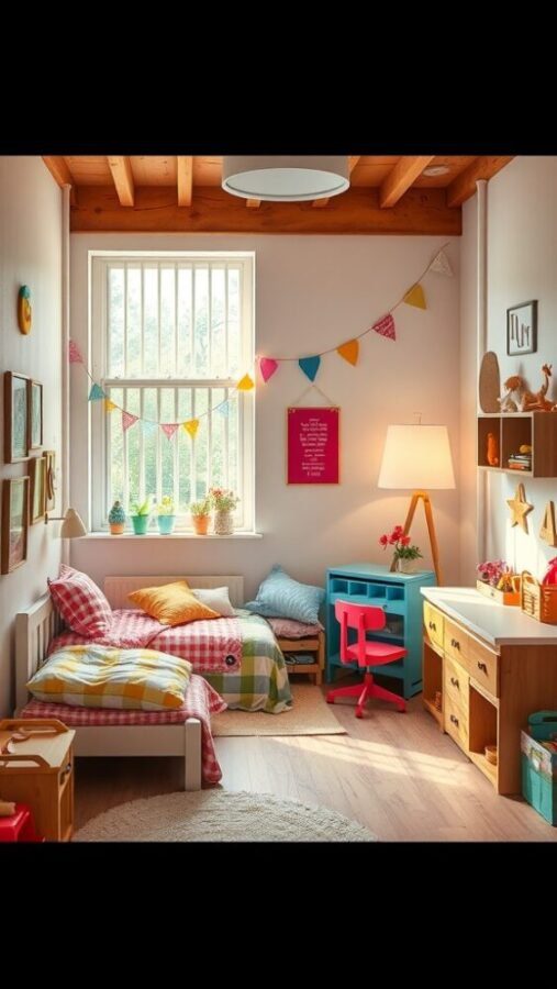 45 Inspiring Bedroom Ideas for Every Style 26 A colorful children's bedroom featuring a bed with checkered blankets, playful decor, and a bright desk.