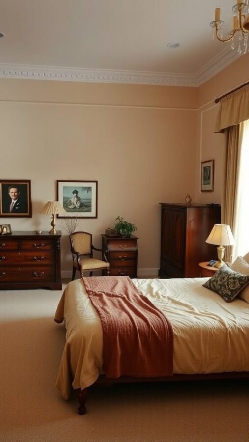 A classic beige and brown bedroom with wooden furniture and soft lighting.