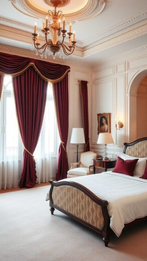 31 Stunning Curtain Ideas to Transform Your Bedroom 27 A luxurious bedroom featuring classic burgundy drapes and elegant decor